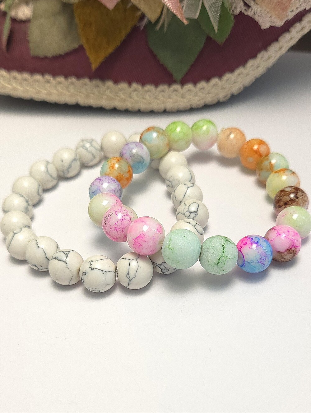 Handmade White Howlite Stretch Bracelet & Colorful Pastel Stone Stretch Bracelet